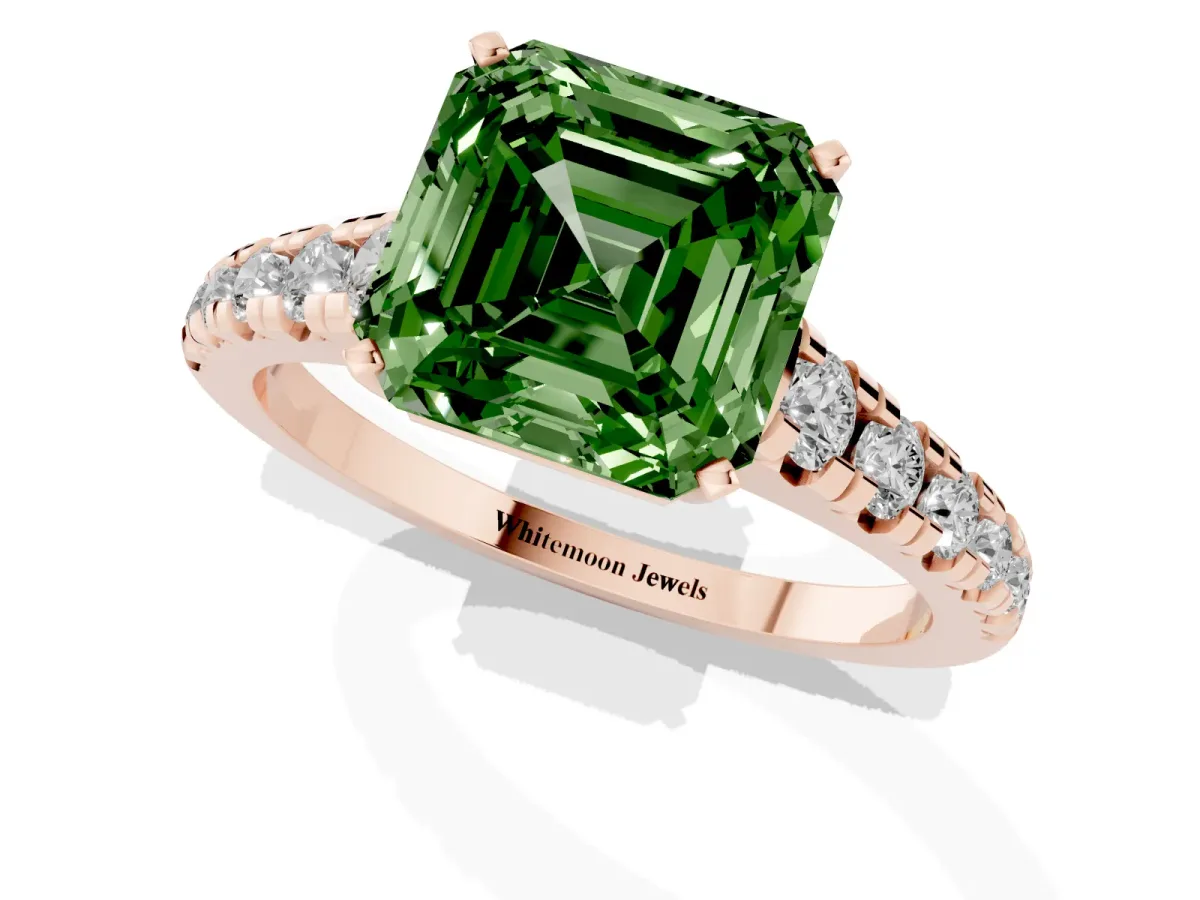 Fancy Green Asscher Cut Diamond Cathedral Solitaire Ring with Round Pavé Band Rose gold