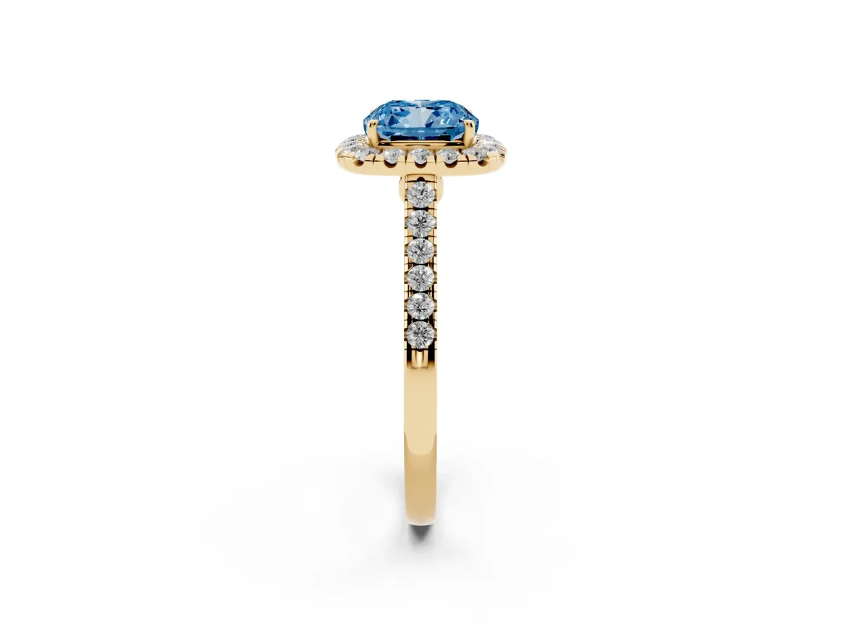 Fancy Blue Cushion Cut Halo Pave Diamond Engagement Ring with Four-Prong Setting Yellow gold