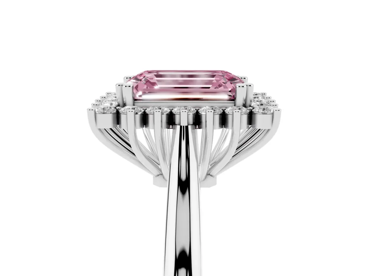 Fancy Pink Emerald Cut Cut Diamond Halo Ring with Solitaire Band and Prong Setting Platinum