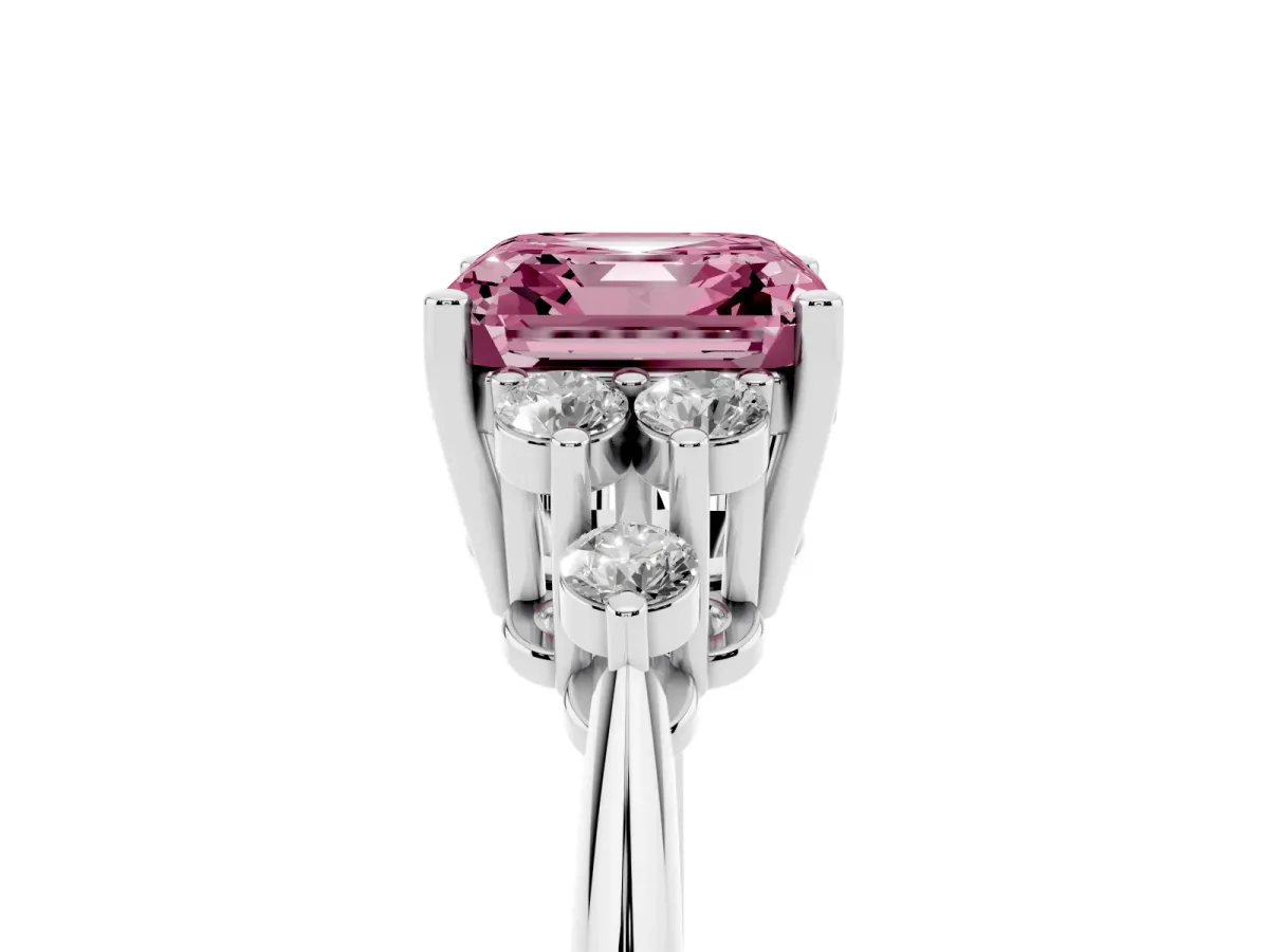 Fancy Pink Asscher Cut Cut Diamond Cluster Ring with Solitaire Band and Four-Prong Setting Silver