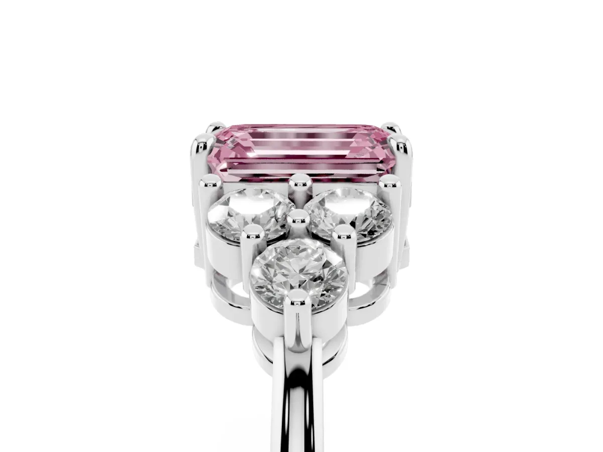 Fancy Pink Emerald Cut Brilliant Diamond Cluster Accent Solitaire Ring with Prong Setting Silver