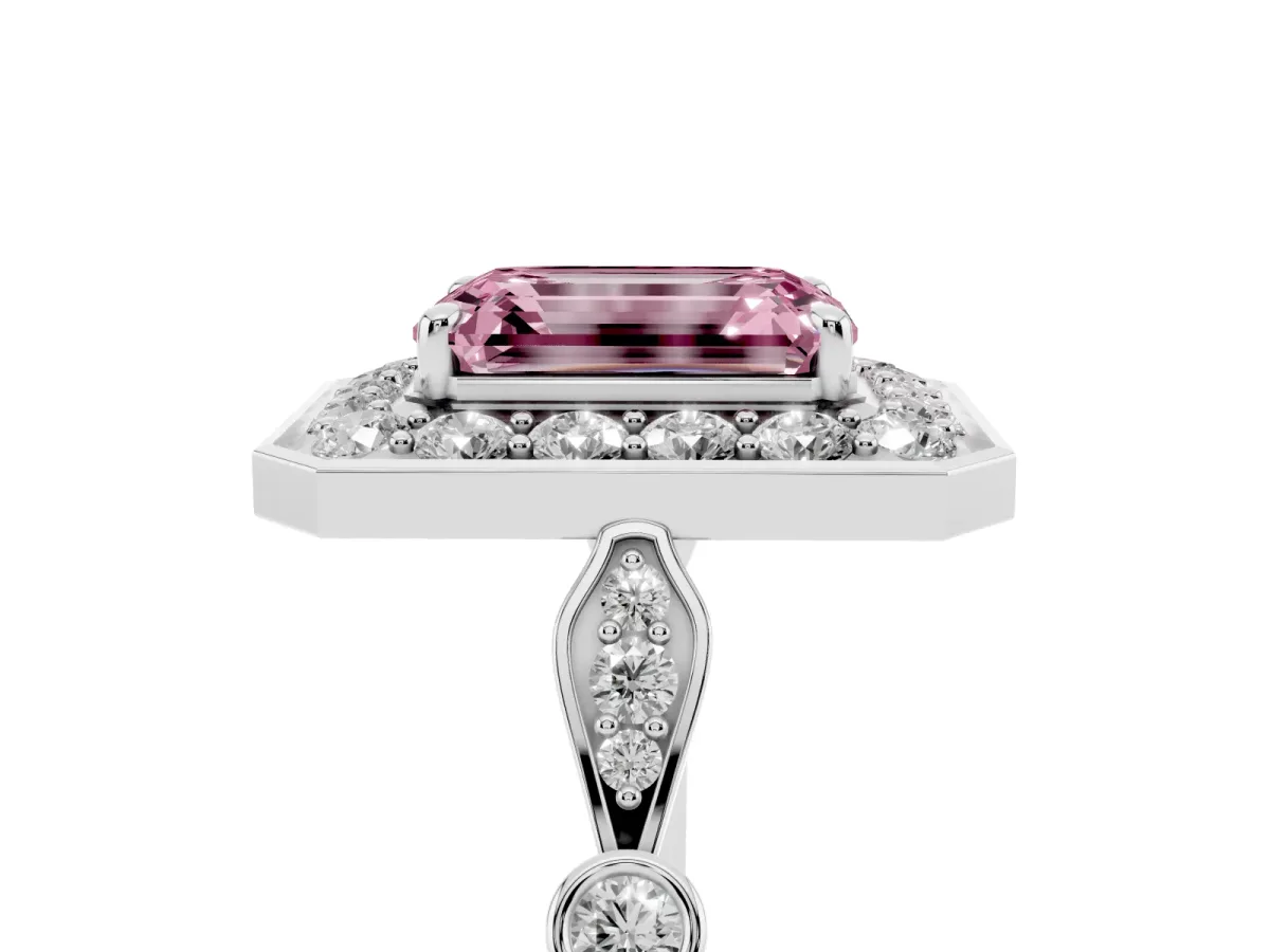 Fancy Pink Emerald Cut Halo Diamond Engagement Ring with Twisted Band and Four-Prong Setting Platinum