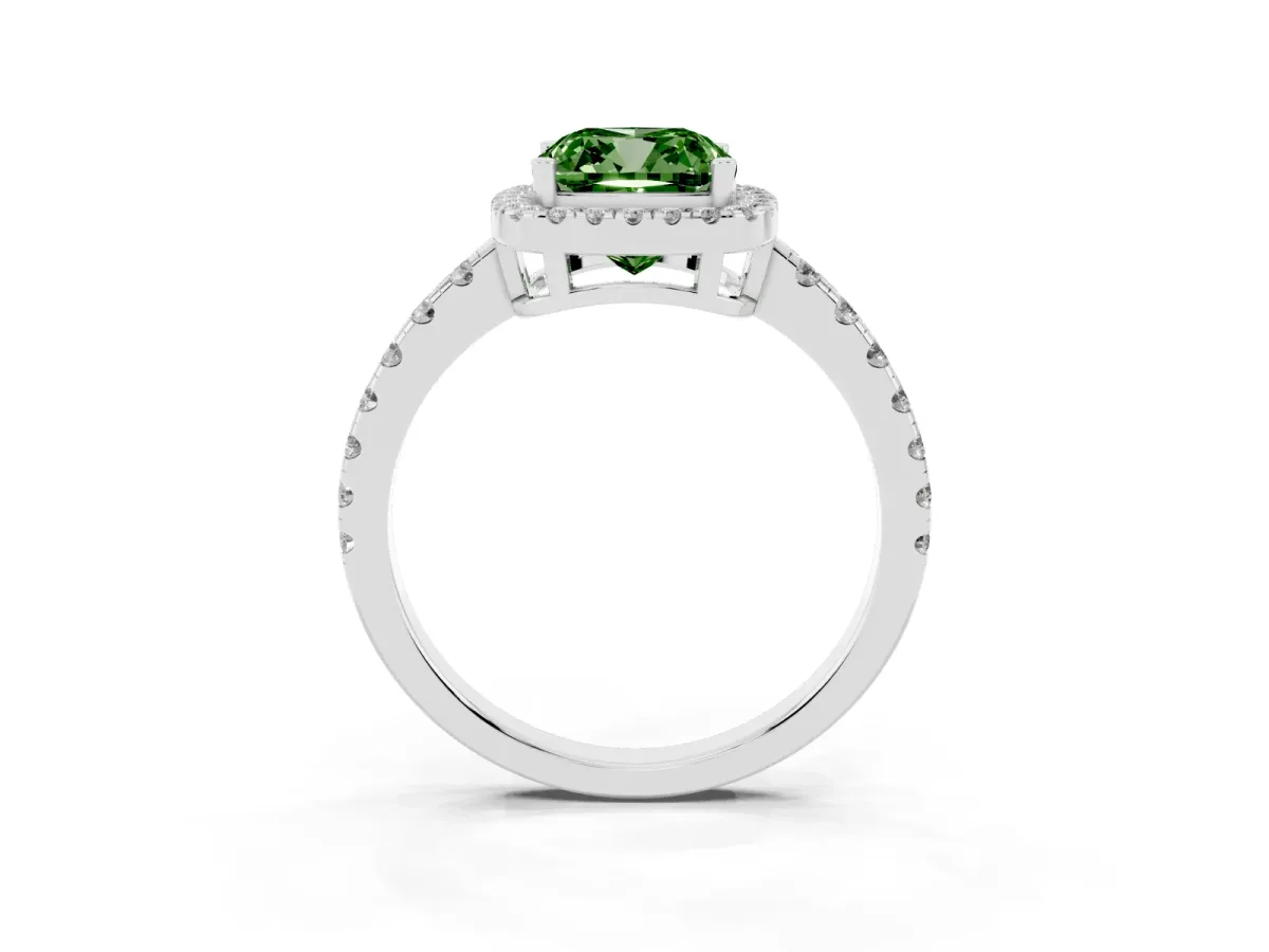 Fancy Green Cushion Cut Diamond Halo Ring with Pavé Band and Four-Prong Setting Platinum