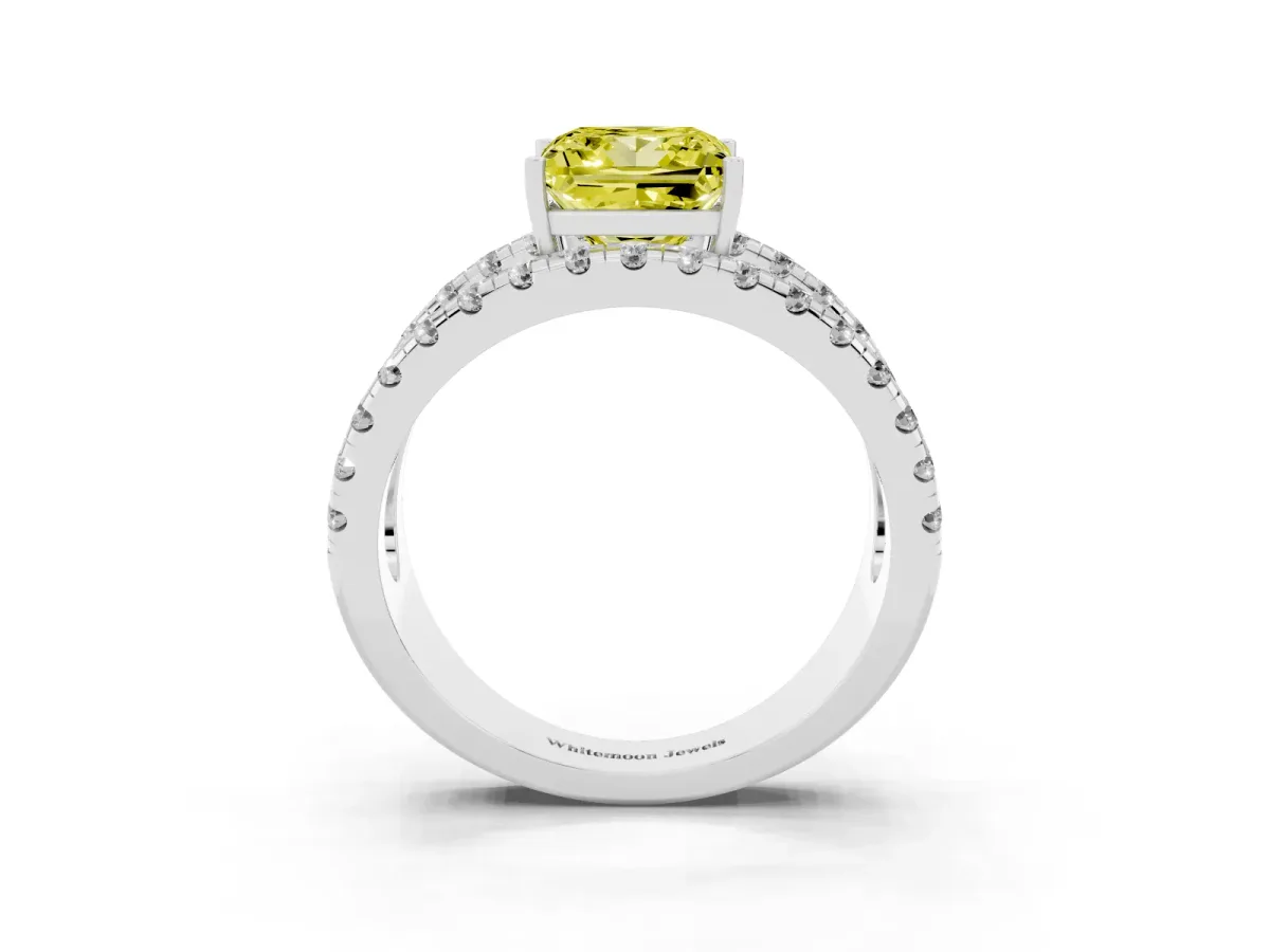 Fancy Yellow Princess Cut Solitaire Split Shank Pave Diamond Ring Silver