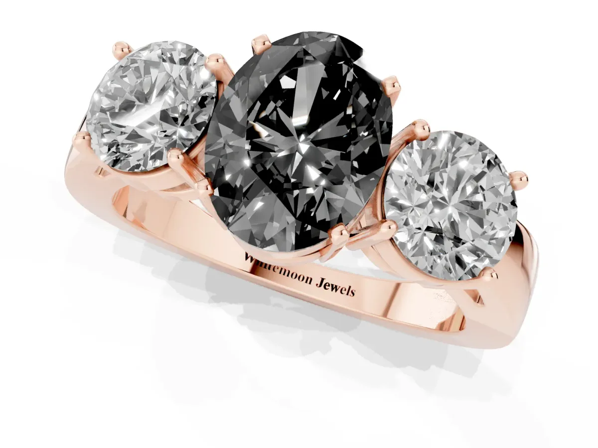 Fancy Black Three-Stone Oval Cut Diamond Ring with Round Side Stones, Classic Band, and Four-Prong Setting Rose gold
