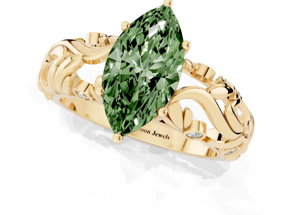 Fancy Green Marquise Cut Solitaire Diamond Leaf-Inspired Vine Band Ring with Prong Setting Yellow gold