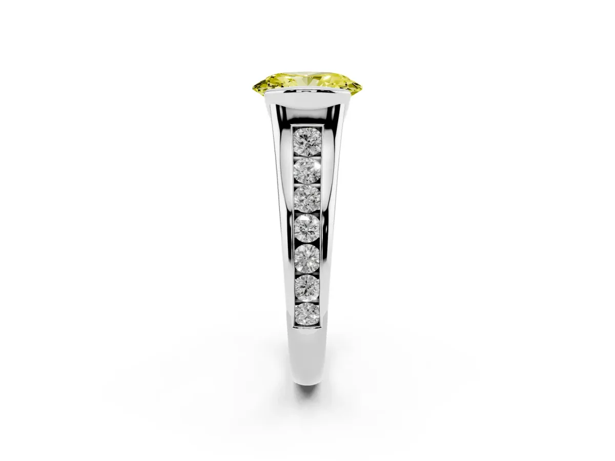 Fancy Yellow Oval Cut Solitaire Bezel-Set Diamond Ring with Channel-Set Band Silver