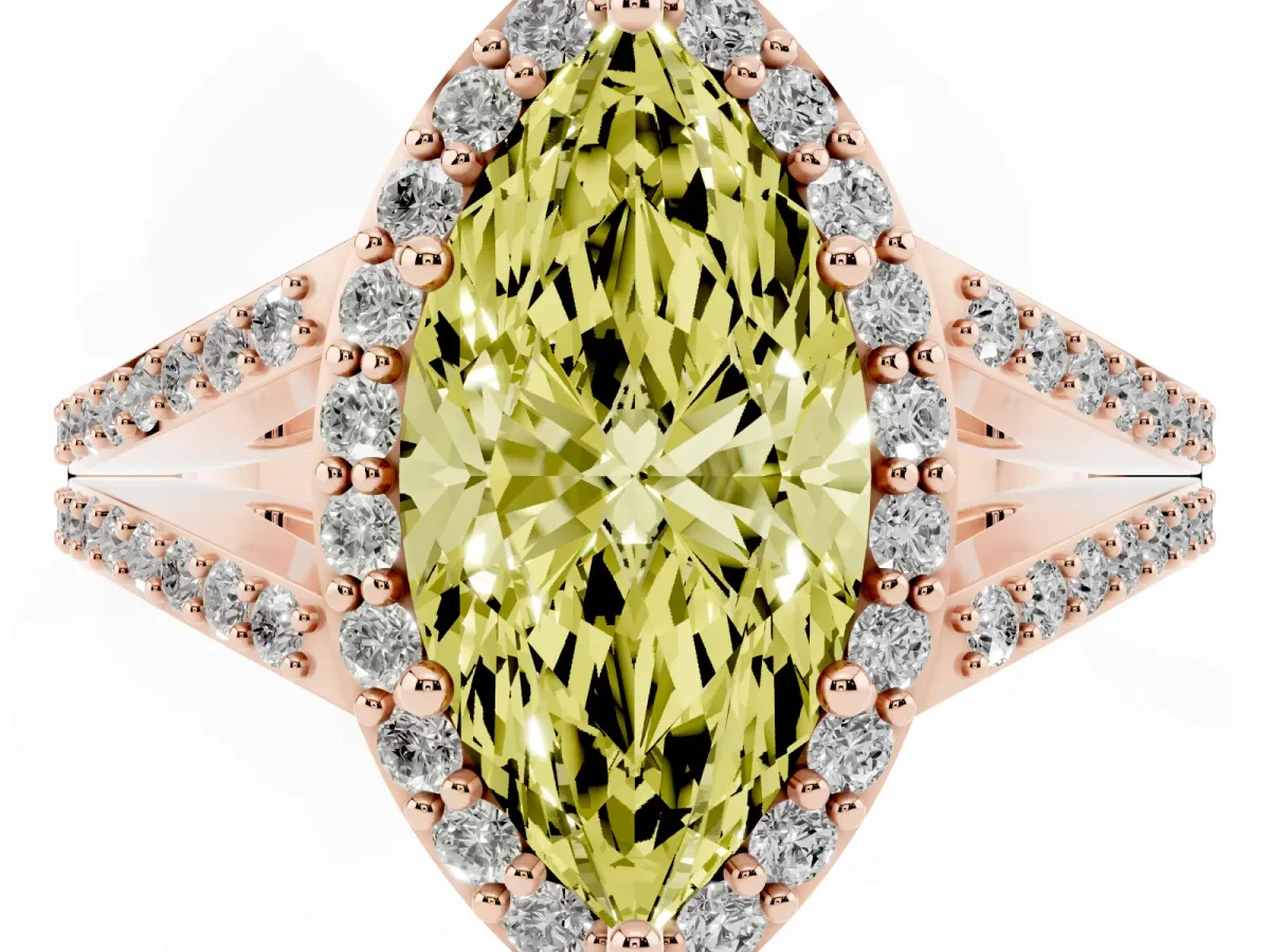 Fancy Yellow Marquise Cut Halo Split Shank Diamond Ring with Prong Setting Rose gold
