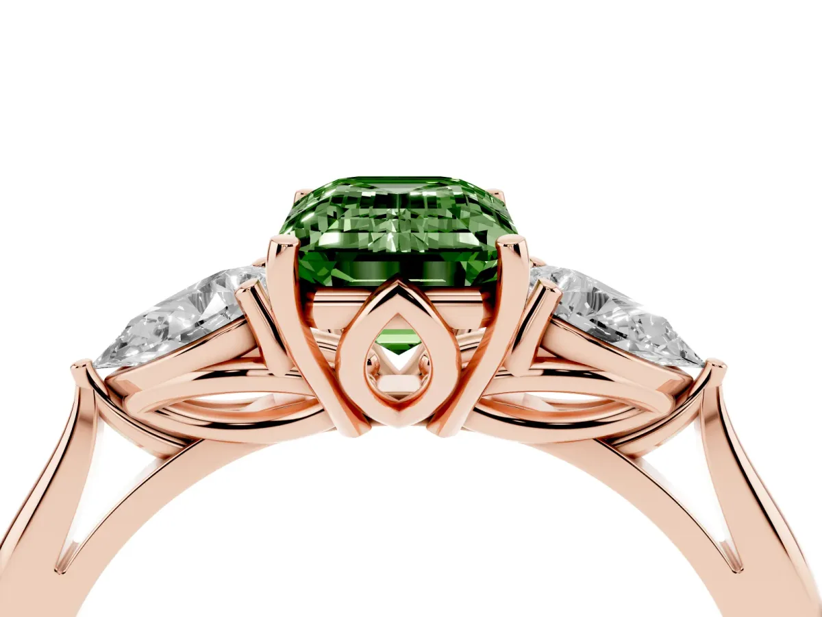 Fancy Green Emerald Cut Diamond Three-Stone Ring with Pear Side Stones and Prong Setting Rose gold
