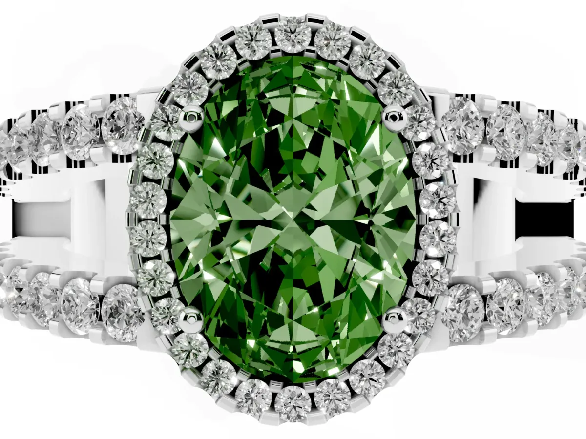 Fancy Green Oval Cut Cut Halo Split Shank Diamond Ring with Four-Prong Setting Platinum