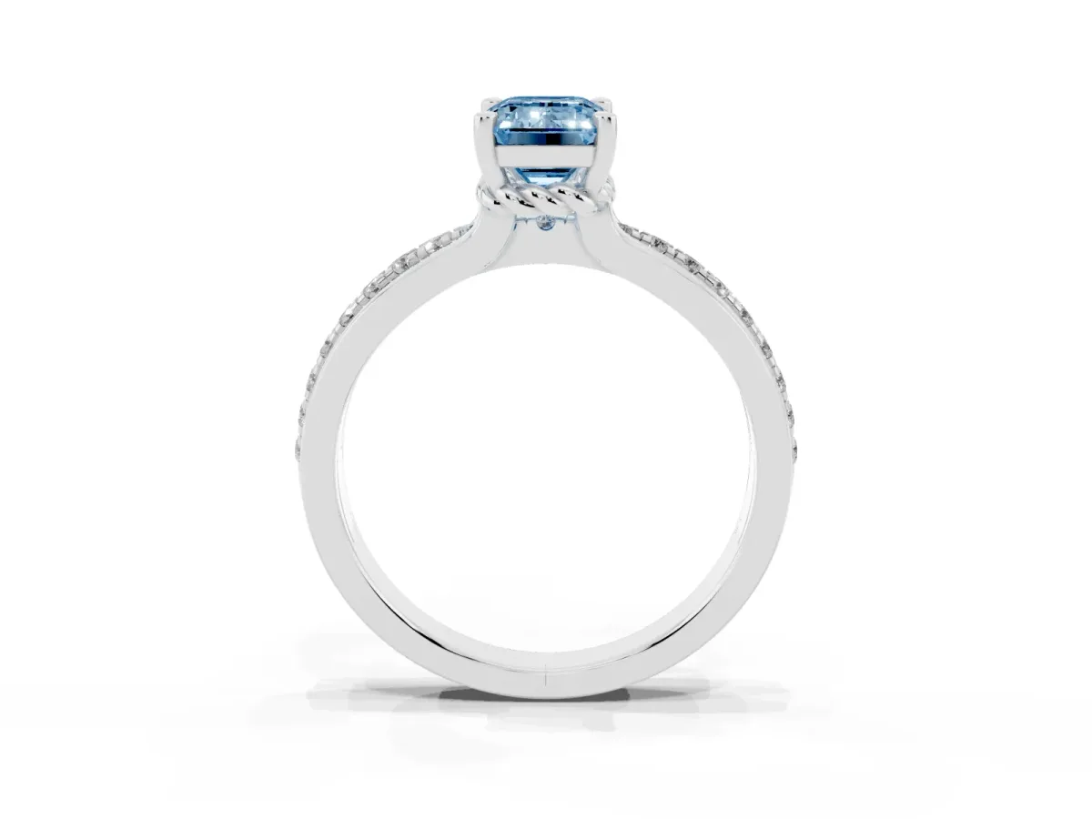 Fancy Blue Emerald Cut Solitaire Diamond Ring with Channel Set Band and Six-Prong Setting Silver