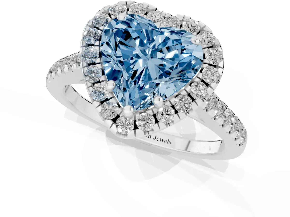 Fancy Blue Heart Cut Halo Pavé Diamond Engagement Ring with Four-Prong Setting Silver
