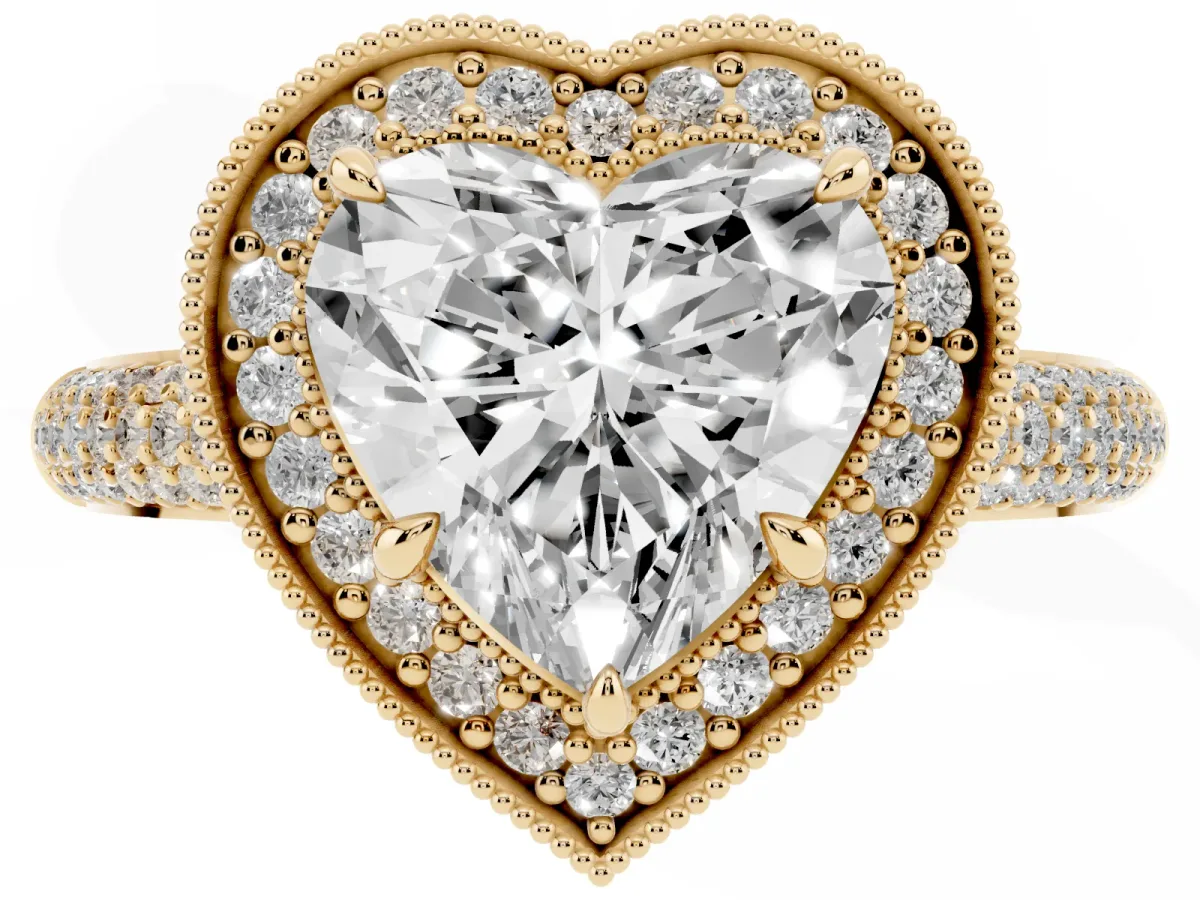 Heart Cut Cut Halo Diamond Pave Band with Four-Prong Setting Yellow gold