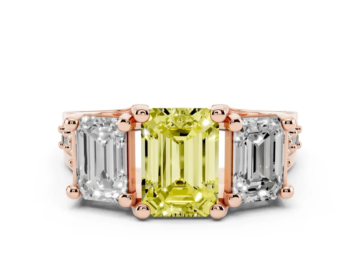 Fancy Yellow Emerald Cut Diamond Three-Stone Ring with Channel Set Band and Four-Prong Setting Rose gold