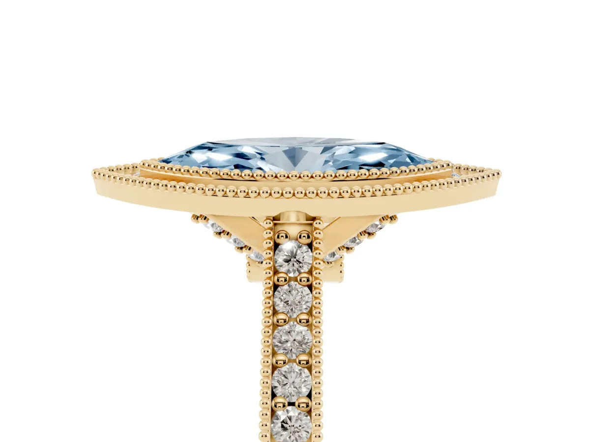 Fancy Blue Halo Marquise Cut-Cut Diamond Pave Band Milgrain Prong Setting Ring Yellow gold