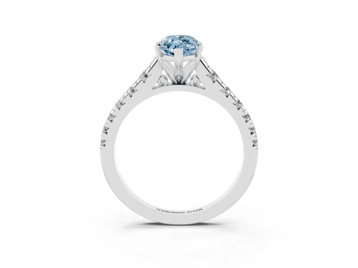Fancy Blue Marquise Cut Diamond Cathedral Solitaire Ring with Round Pavé Band Silver