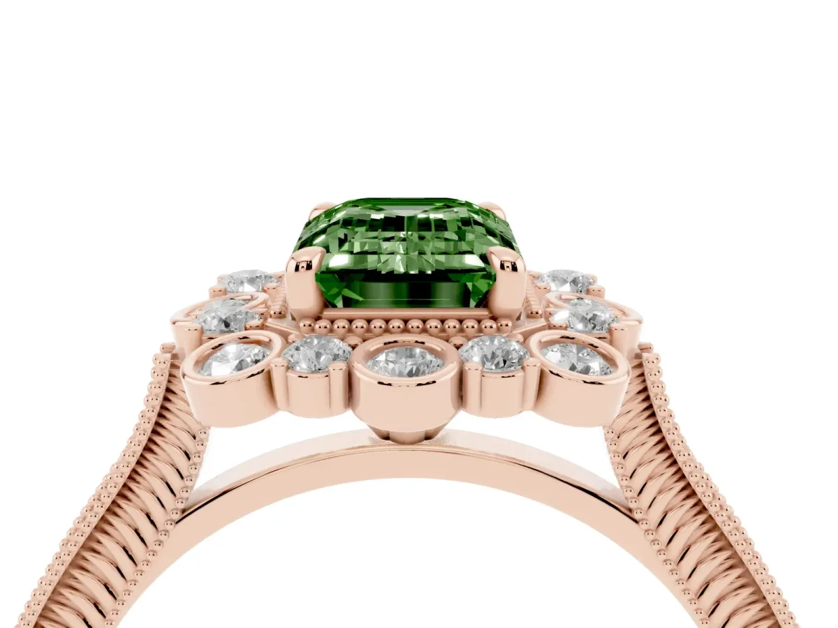 Fancy Green Emerald Cut Halo Milgrain Pave Diamond Ring with Four-Prong Setting Rose gold