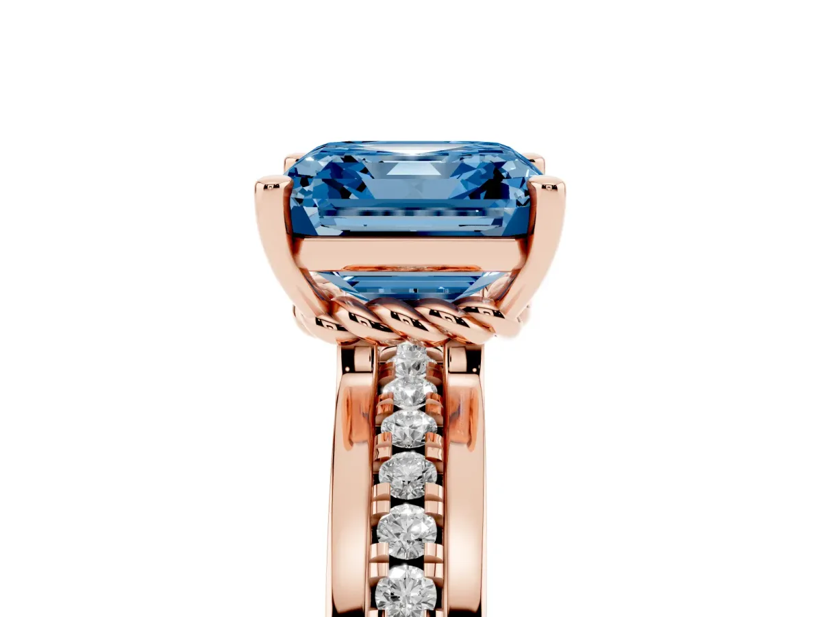 Fancy Blue Asscher Cut Solitaire Diamond Ring with Channel Set Band and Six-Prong Setting Rose gold