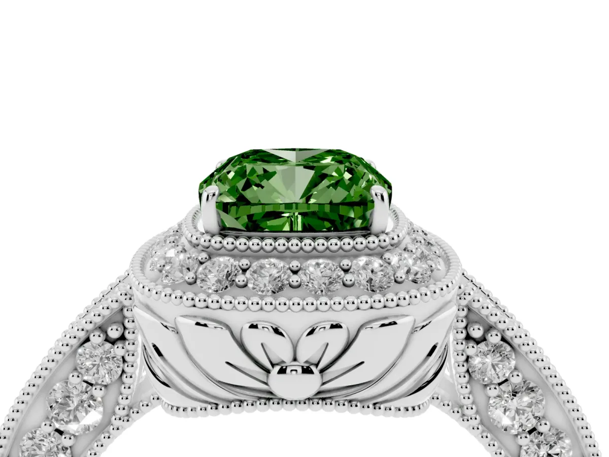 Fancy Green Cushion Cut Halo Diamond Split Shank Ring with Milgrain Detail Platinum