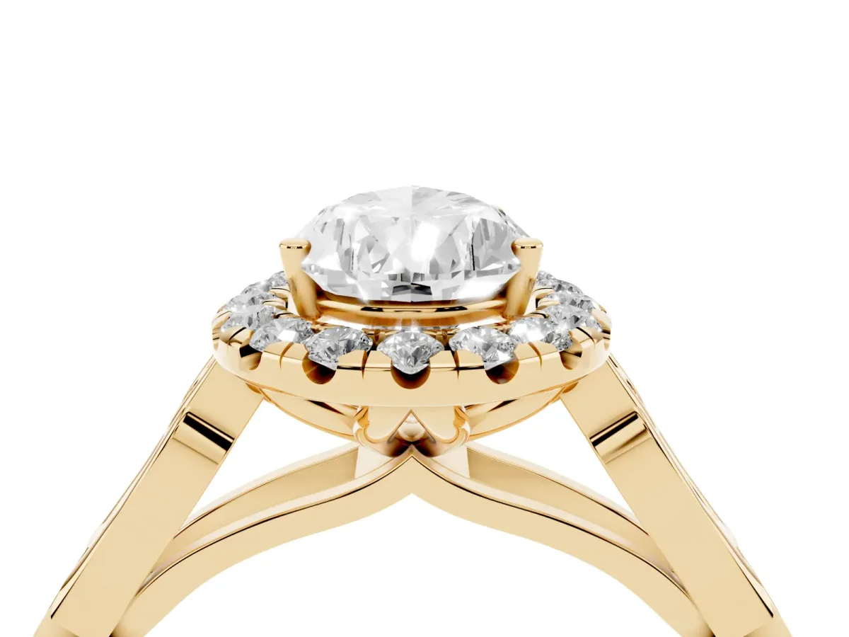 Pear Cut Halo Diamond Engagement Ring with Filigree Band and Four-Prong Setting Yellow gold