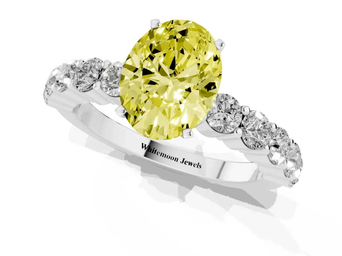 Fancy Yellow Oval Cut Diamond Solitaire Ring with Shared Prong Round Side Stones Silver