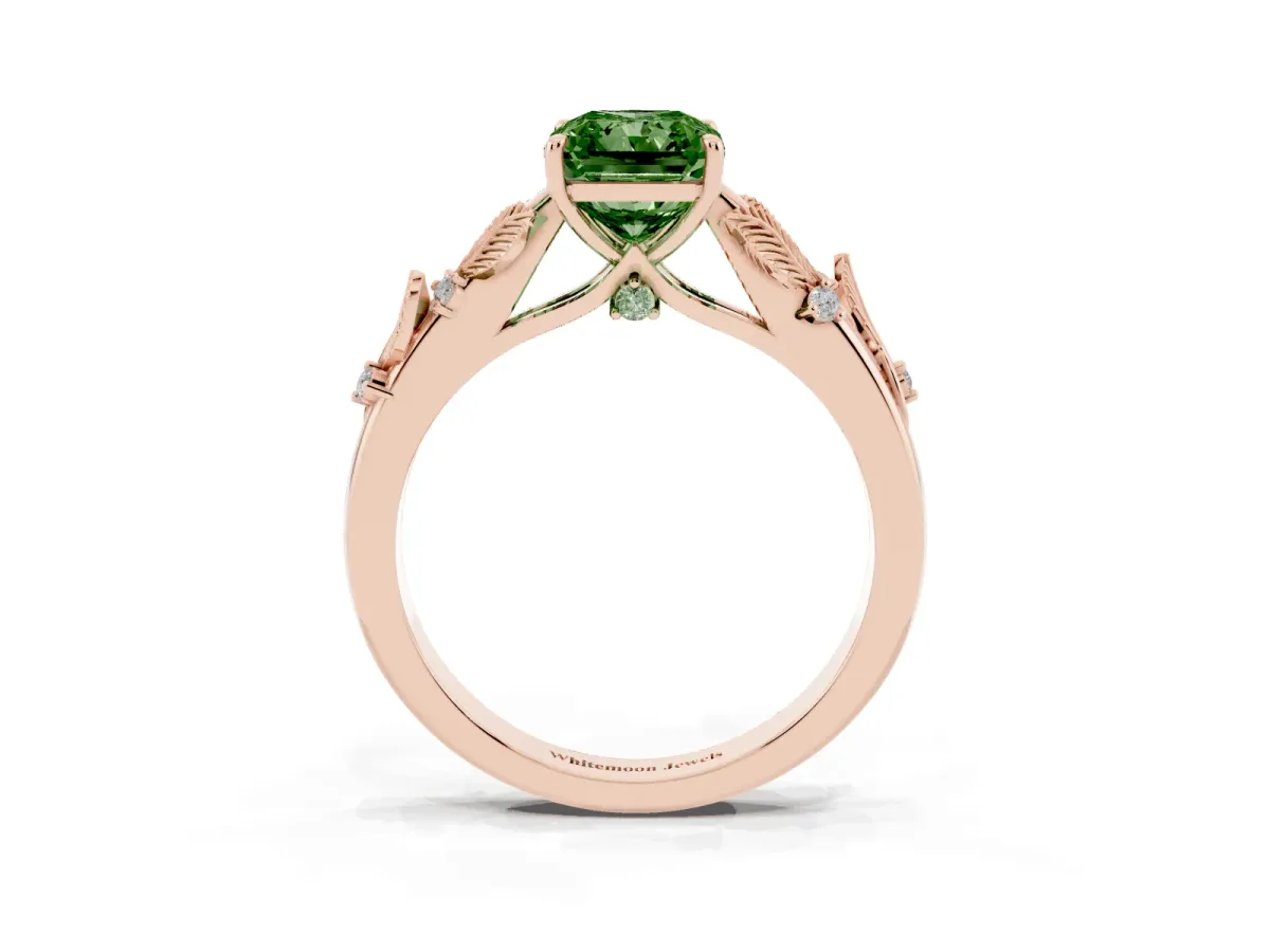 Fancy Green Radiant Cut Diamond Solitaire Ring with Leaf Motif Band and Four-Prong Setting Rose gold