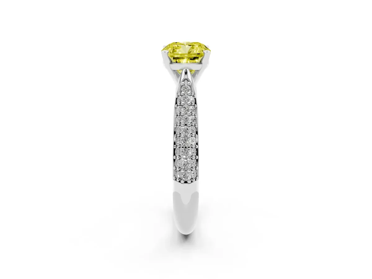 Fancy Yellow Cushion Cut Diamond Solitaire Engagement Ring with Multi-Row Round Pavé Band and Prong Setting Silver