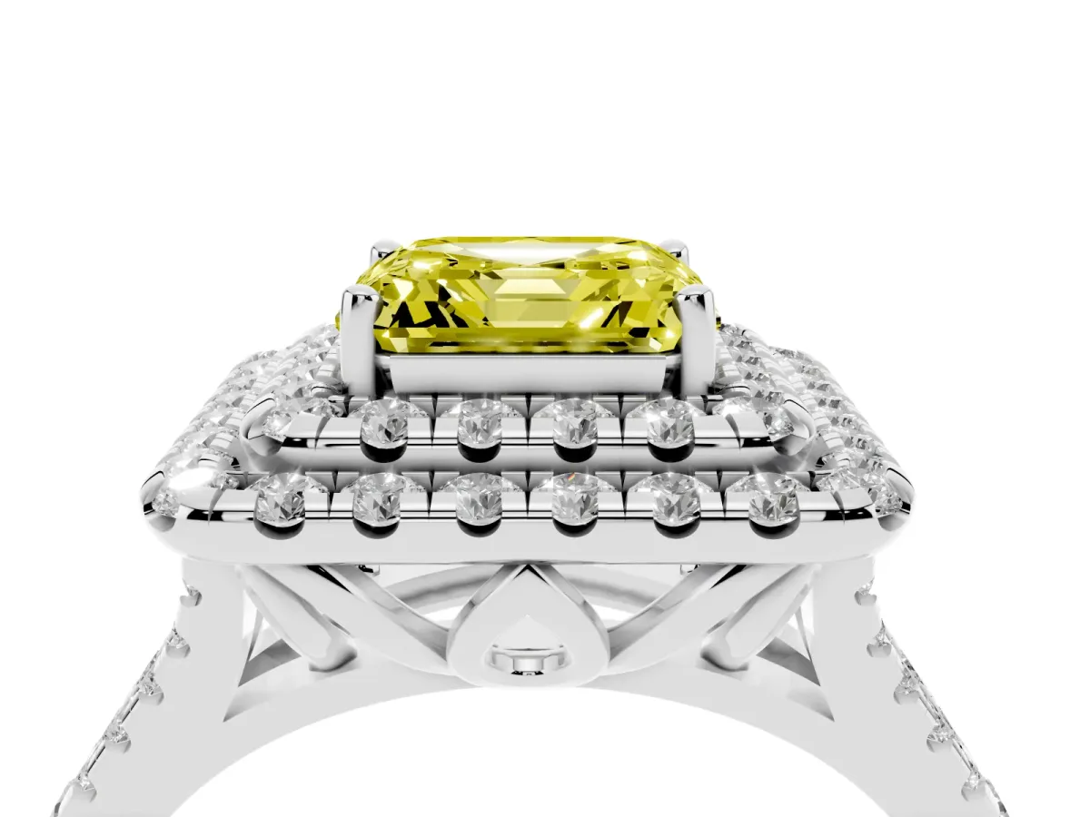 Fancy Yellow Double Halo Asscher Cut Diamond Pavé Split Shank Ring with Prong Setting Silver