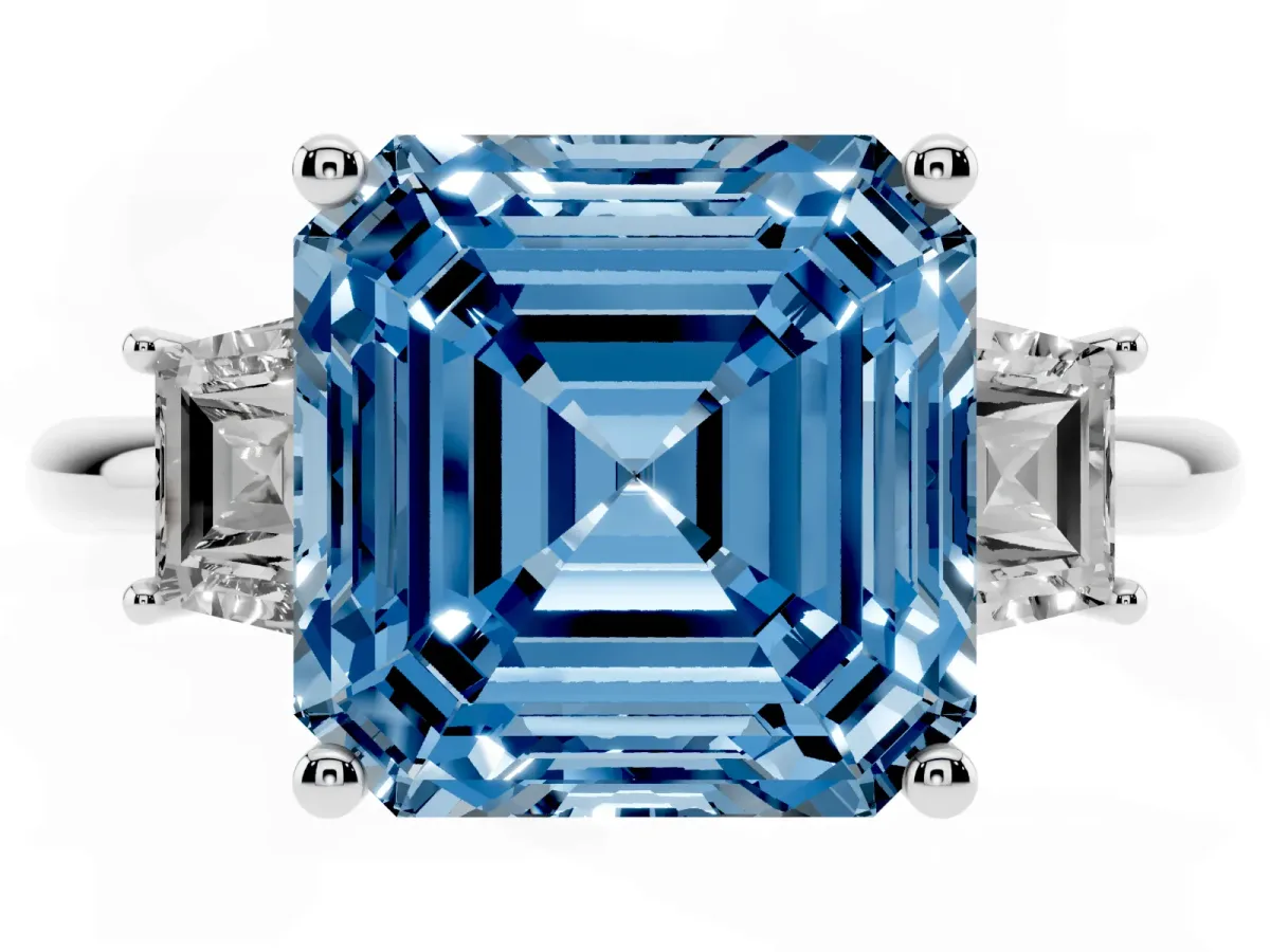 Fancy Blue Asscher Cut Diamond Three-Stone Ring with Trapezoid Side Stones and Prong Setting Platinum