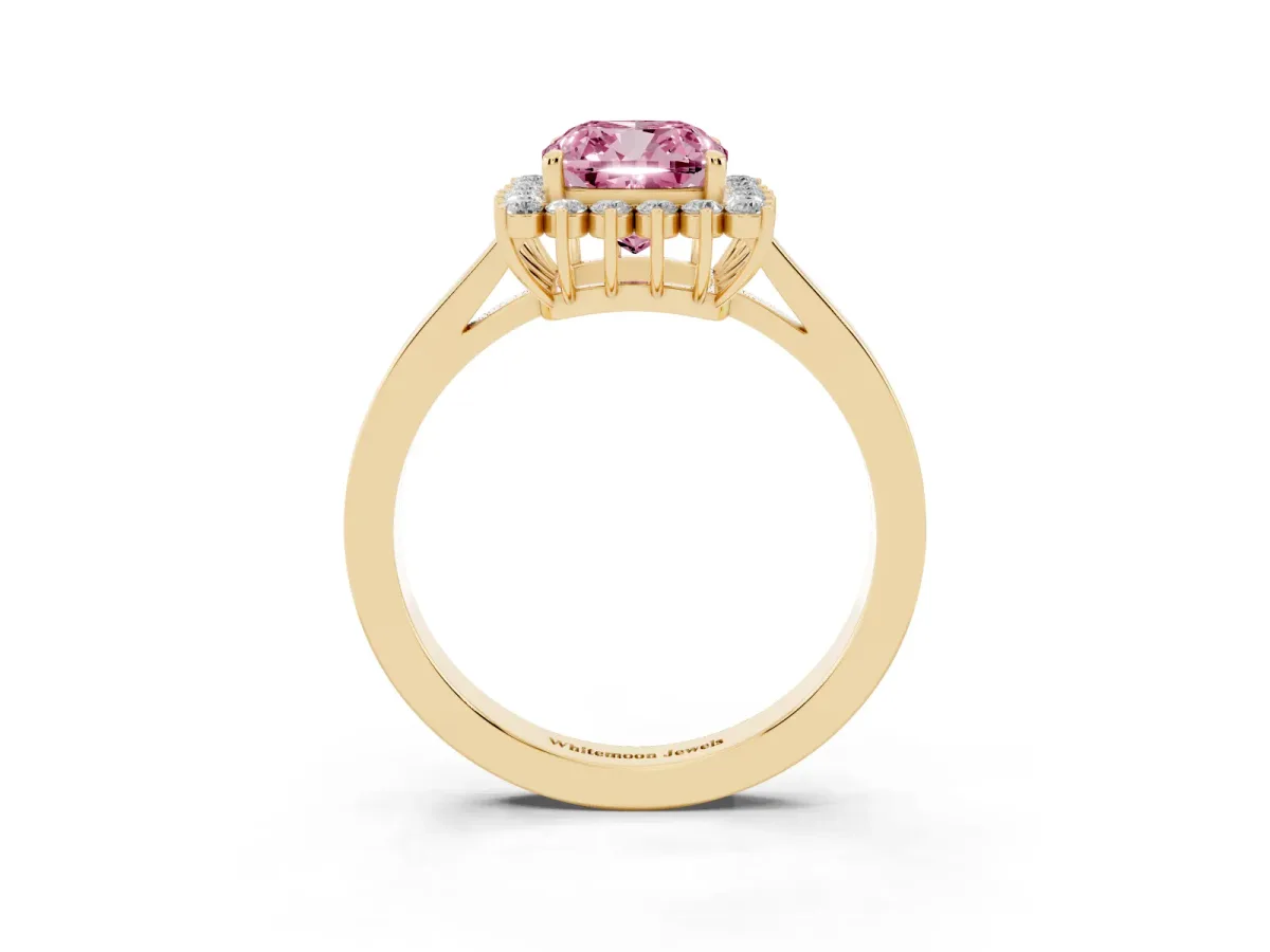 Fancy Pink Cushion Cut Cut Diamond Halo Ring with Round Brilliant Halo and Solitaire Band Yellow gold