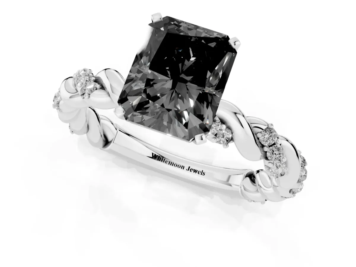 Fancy Black Radiant Cut Diamond Solitaire Ring with Twisted Band and Pavé Accents White gold