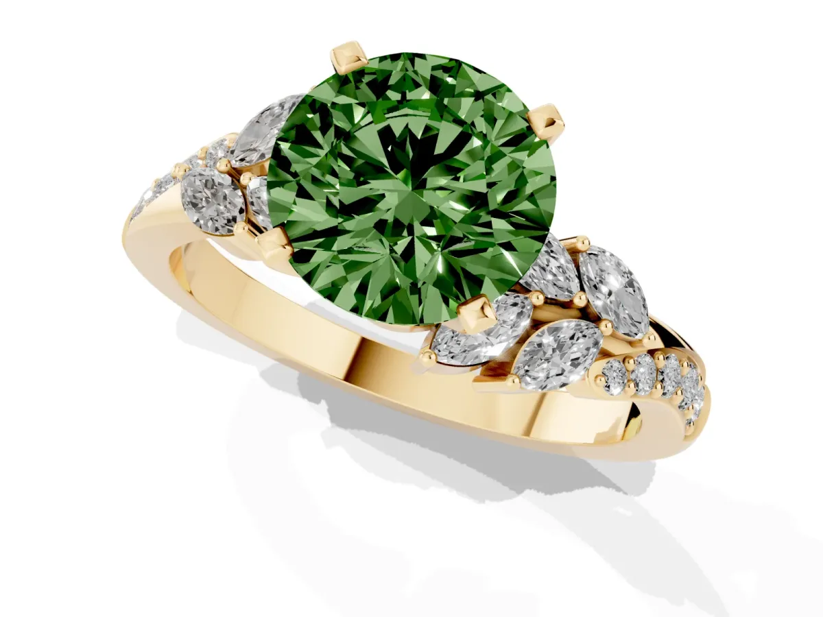 Fancy Green Round Cut Solitaire Marquise Twist Band with Six-Prong Setting Yellow gold
