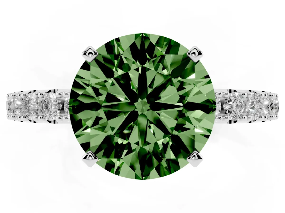 Fancy Green Round Cut Diamond Solitaire Pavé Band with Four-Prong Setting Silver