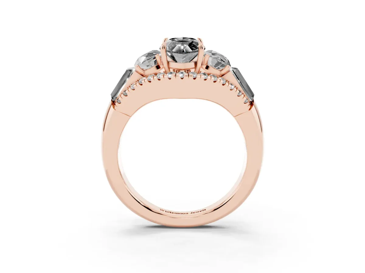 Fancy Black Three-Stone Marquise Cut Diamond Engagement Ring with Pave Band and Prong Setting Rose gold