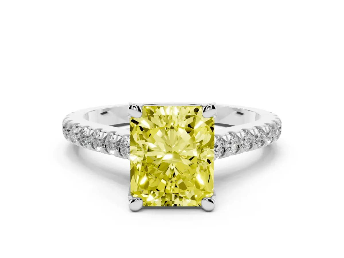 Fancy Yellow Radiant Cut Brilliant Diamond Solitaire with Pavé Band and Four-Prong Setting Platinum