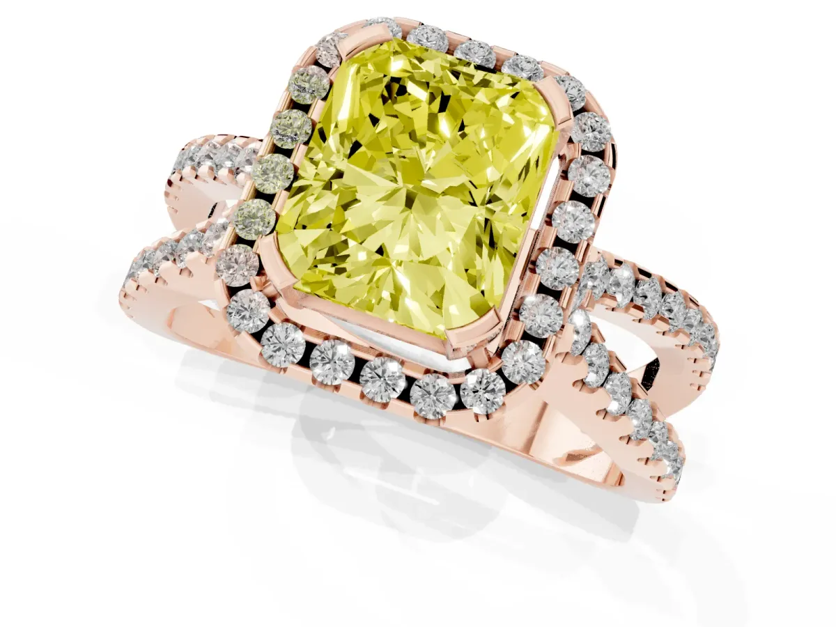 Fancy Yellow Radiant Cut Diamond Halo Ring with Split Shank Pavé Band and Prong Setting Rose gold