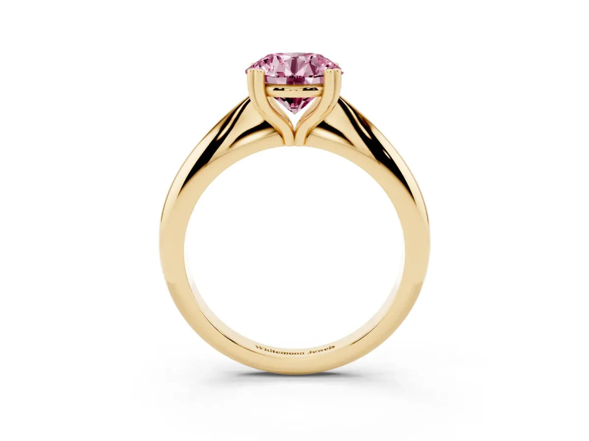 Fancy Pink Round Cut Cut Solitaire Engagement Ring with Tapered Band and Four-Prong Setting Yellow gold