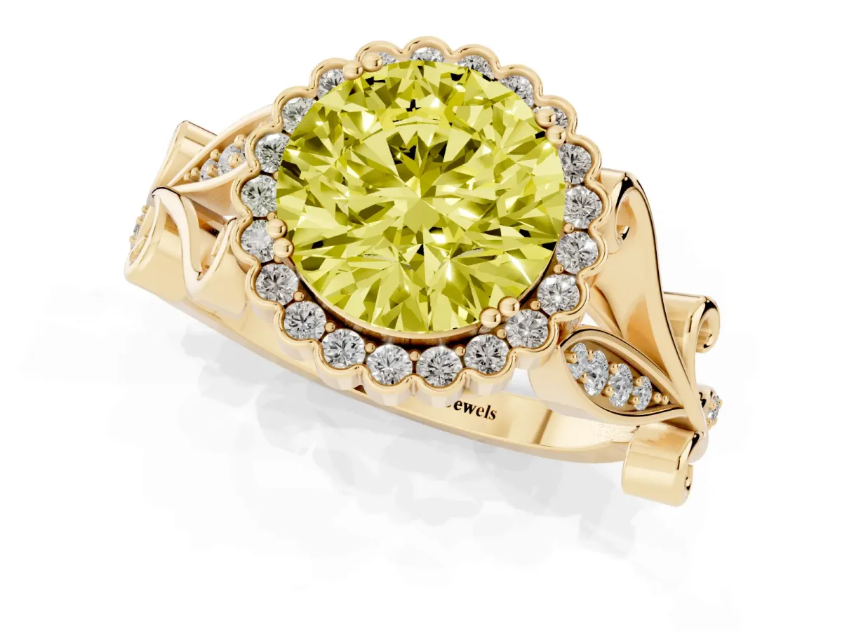 Fancy Yellow Round Cut Diamond Halo Ring with Vintage Split Shank and Four-Prong Setting Yellow gold