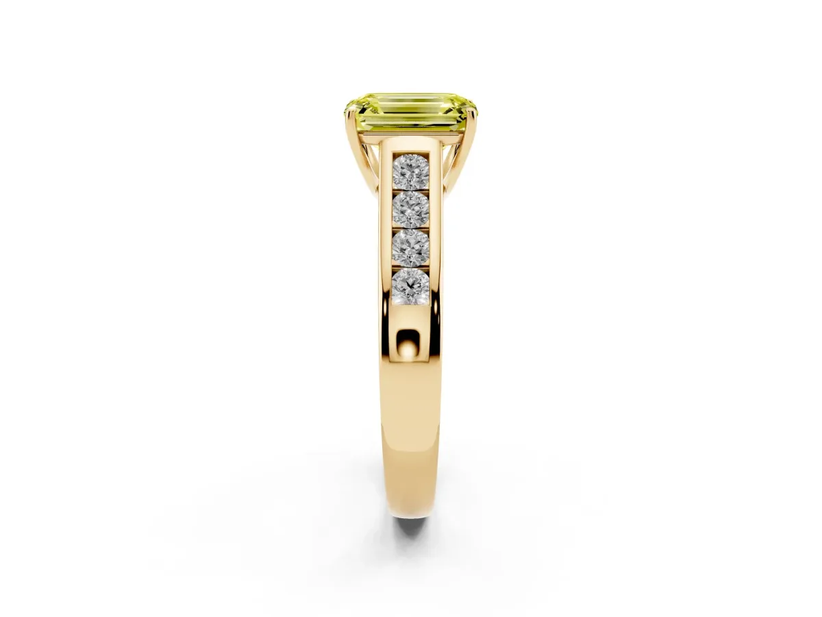 Fancy Yellow Emerald Cut Solitaire Channel-Set Diamond Engagement Ring with Four-Prong Setting Yellow gold