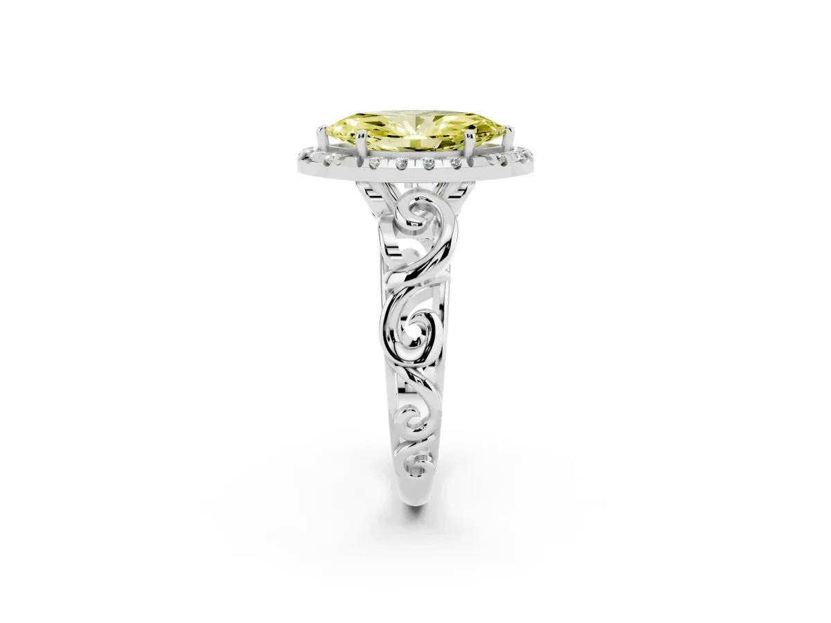 Fancy Yellow Marquise Cut Cut Halo Diamond Ring with Scrollwork Band and Four-Prong Setting Silver