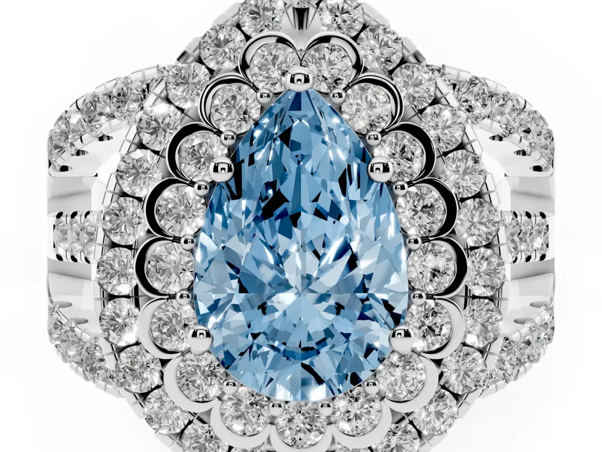 Fancy Blue Pear Cut Diamond Double Halo Ring with Round Pavé Split Shank and Prong Setting Silver