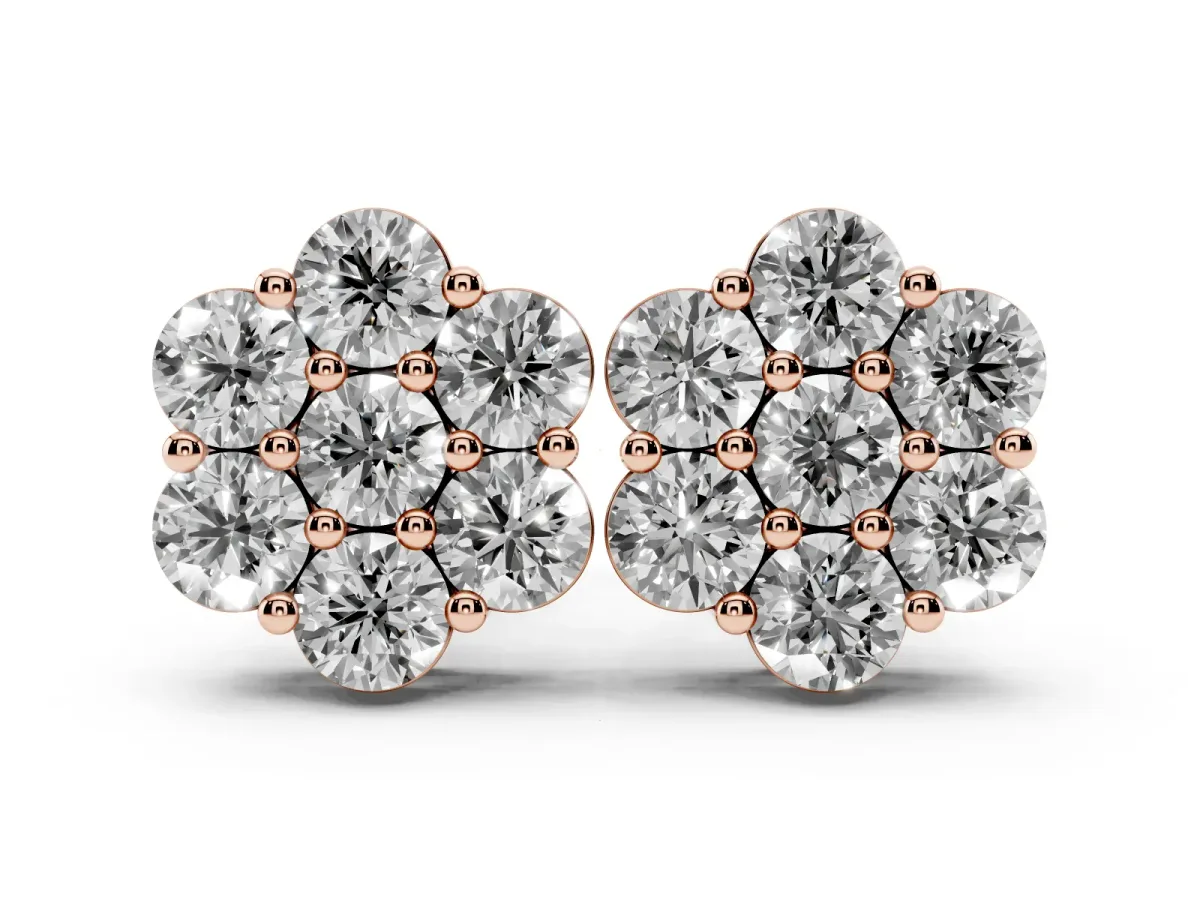 Cluster Round Diamond Stud Earrings with Prong Setting Rose gold