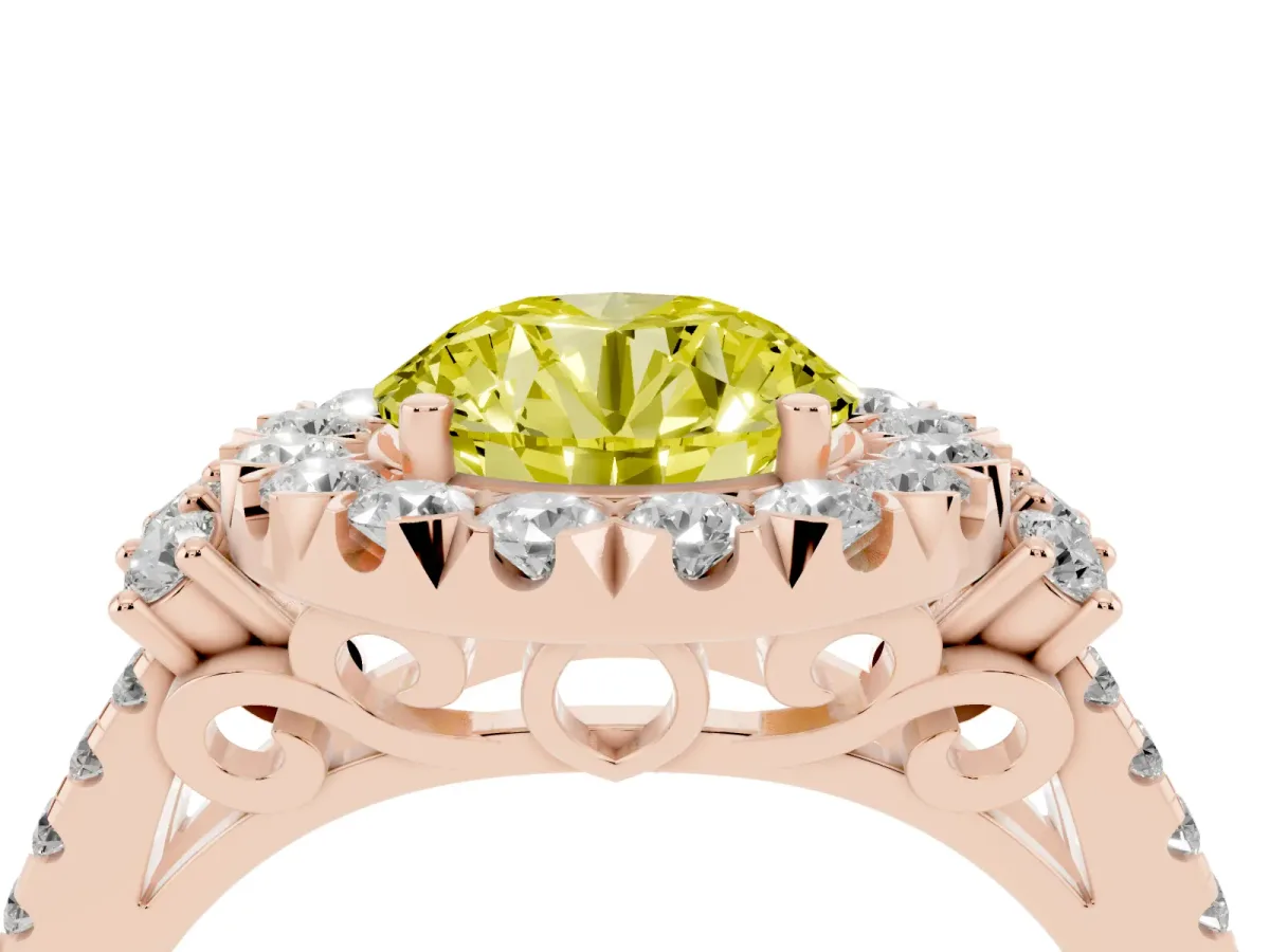 Fancy Yellow Round Cut Cut Double Halo Diamond Engagement Ring with Pave Band and Four-Prong Setting Rose gold