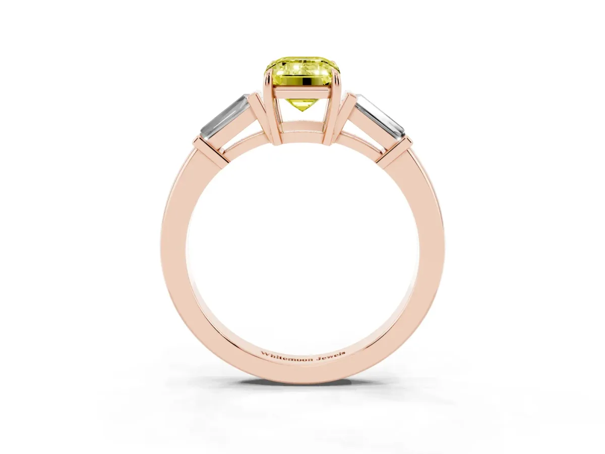 Fancy Yellow Emerald Cut Diamond Three-Stone Ring with Tapered Baguette Side Stones and Prong Setting Rose gold