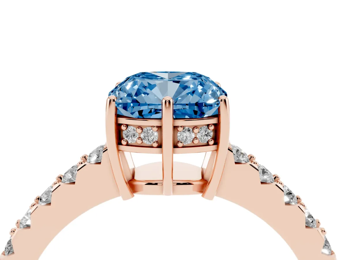 Fancy Blue Cushion Cut Solitaire Diamond Engagement Ring with Pavé Band and Six-Prong Setting Rose gold