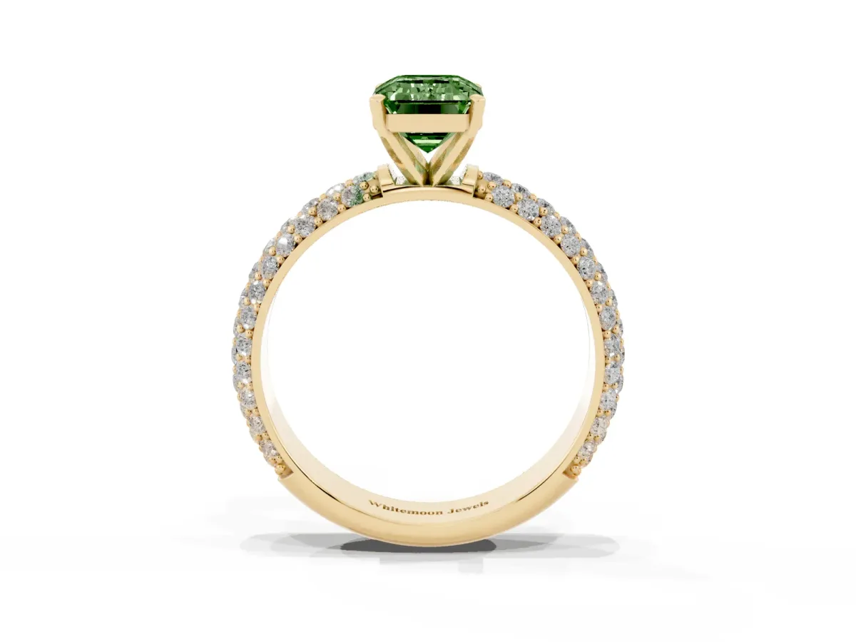 Fancy Green Emerald Cut Diamond Solitaire Ring with Prong Setting and Pavé Band Yellow gold
