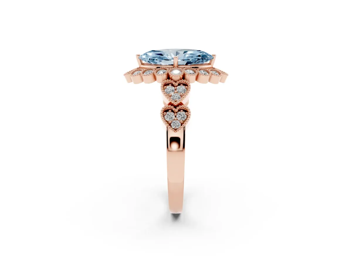 Fancy Blue Marquise Cut Brilliant Milgrain Pave Heart Band Solitaire Ring Rose gold