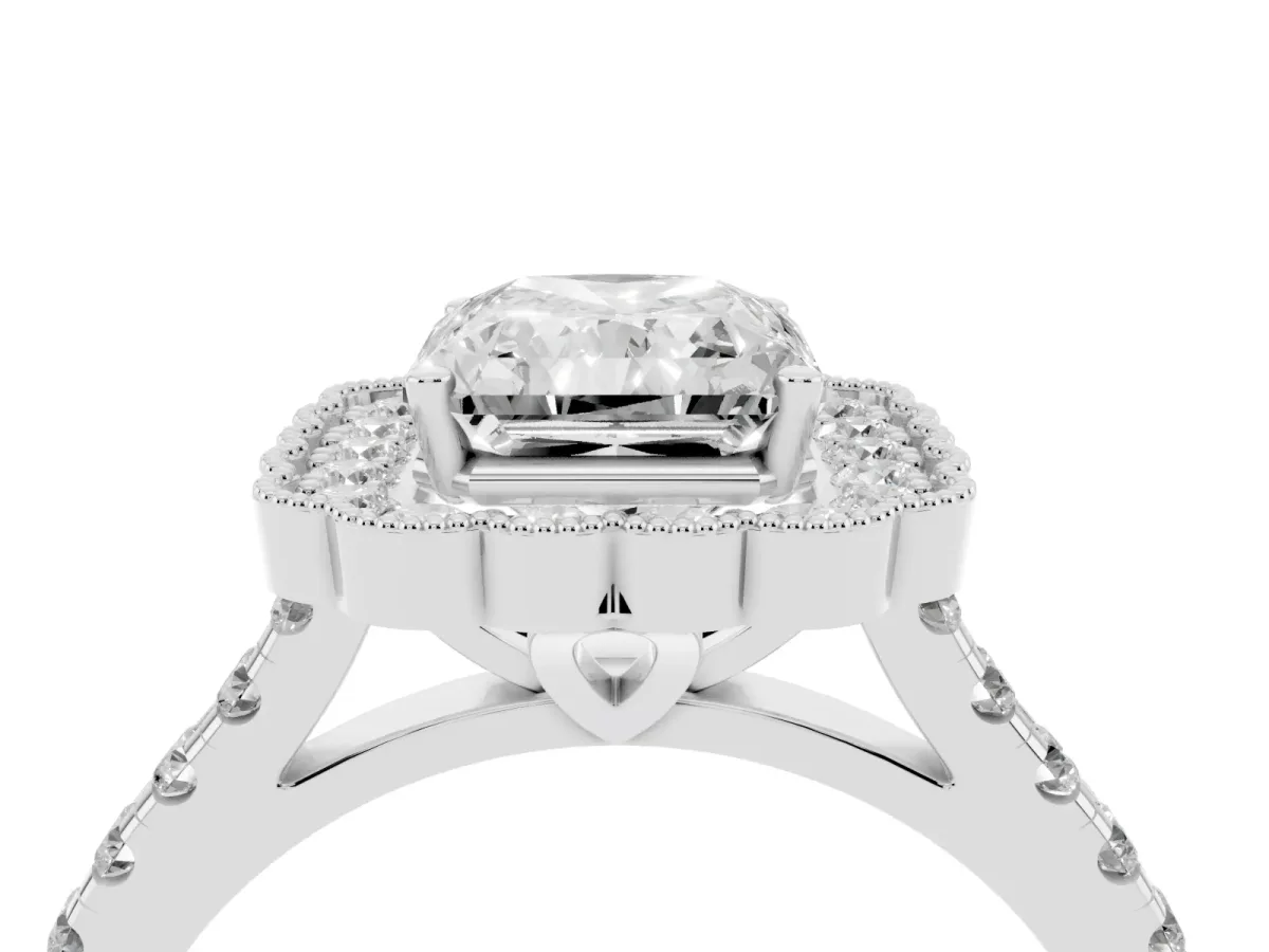 Radiant Cut Cut Diamond Milgrain Floral Halo Engagement Ring with Pavé Band Silver