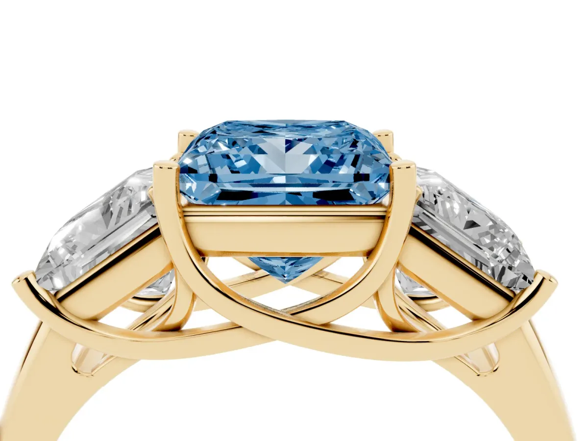Fancy Blue Three-Stone Princess Cut Diamond Engagement Ring with Prong Setting Yellow gold