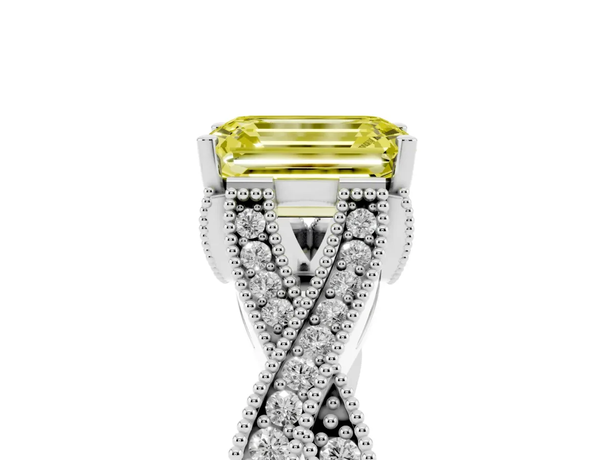 Fancy Yellow Emerald Cut Cut Diamond Twisted Band with Milgrain Pave Setting and Four-Prong Setting Silver